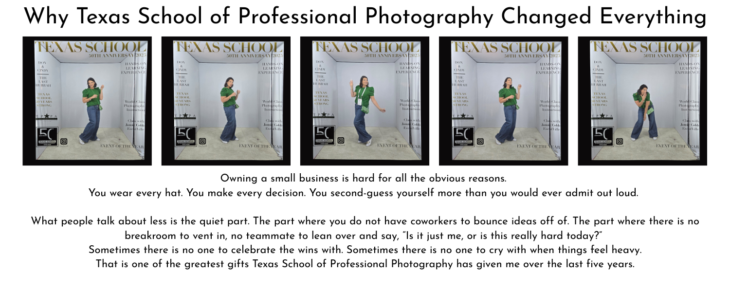 Black and white banner showing sequence of photographs with text about Texas School of Professional Photography.