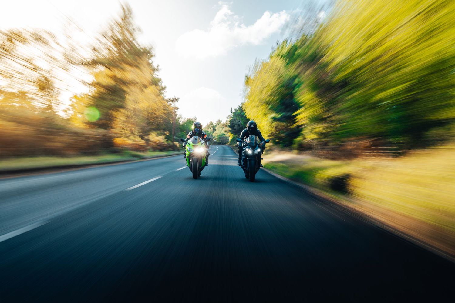 POV shot of motorcycles riding through a tree-lined road with motion blur effect.