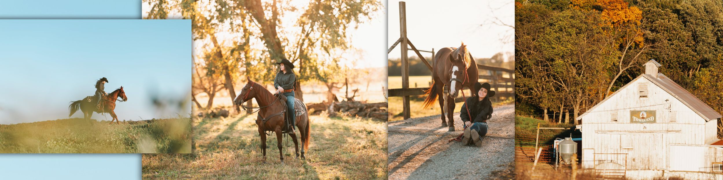 A collage of outdoor scenes featuring horses, barns, and natural landscapes in warm autumn colors.