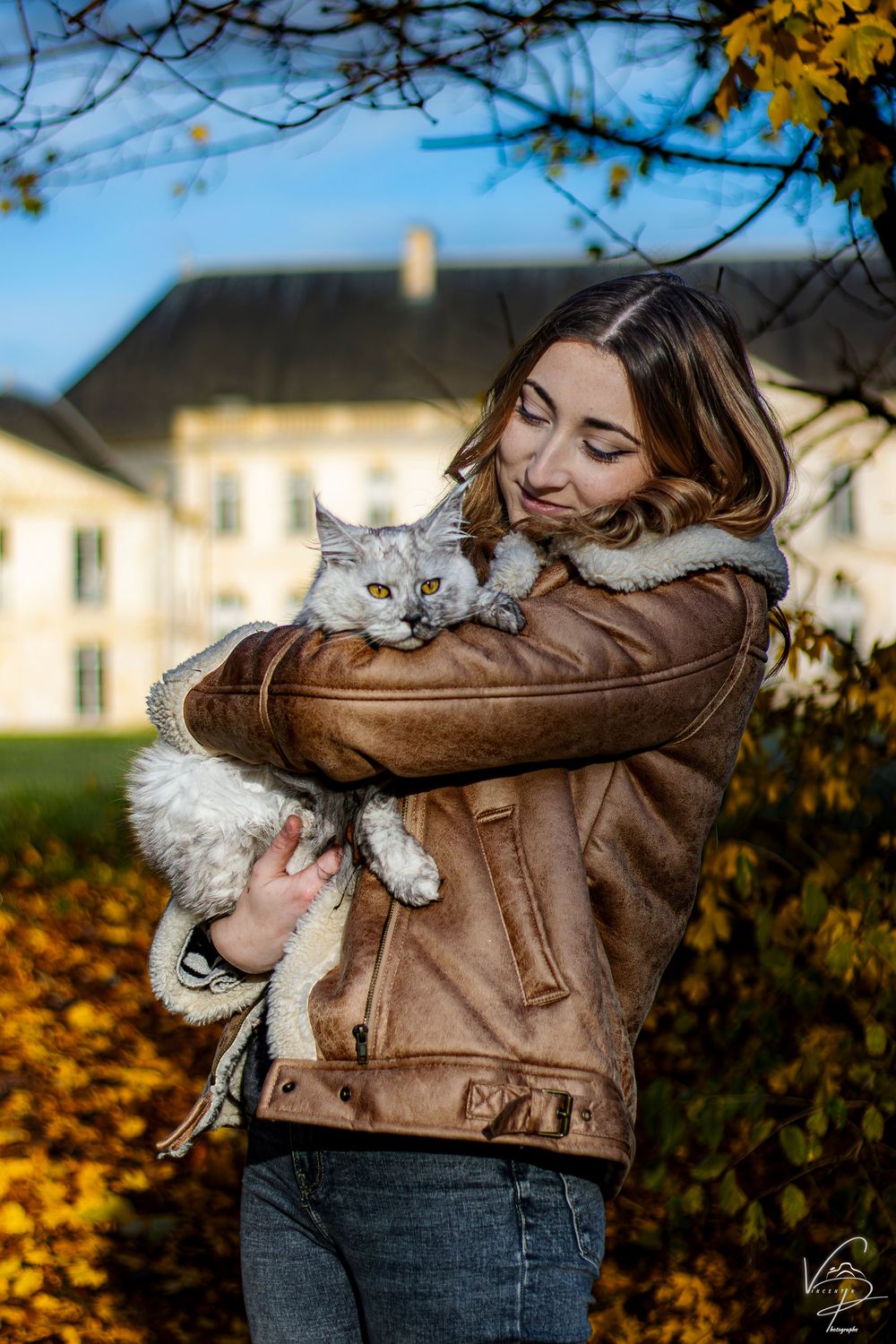 A fluffy white cat being held in a brown leather jacket against an autumn background.