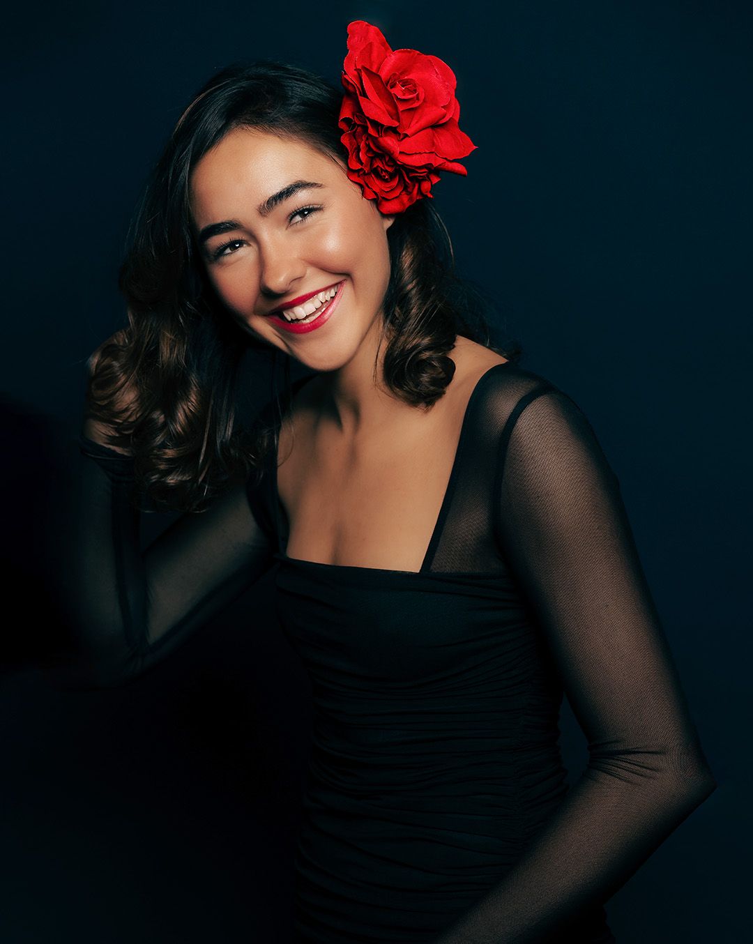 Glamorous portrait with red rose  portrait photographed in NSW by Wollongong portrait photographer Serene Coleman.