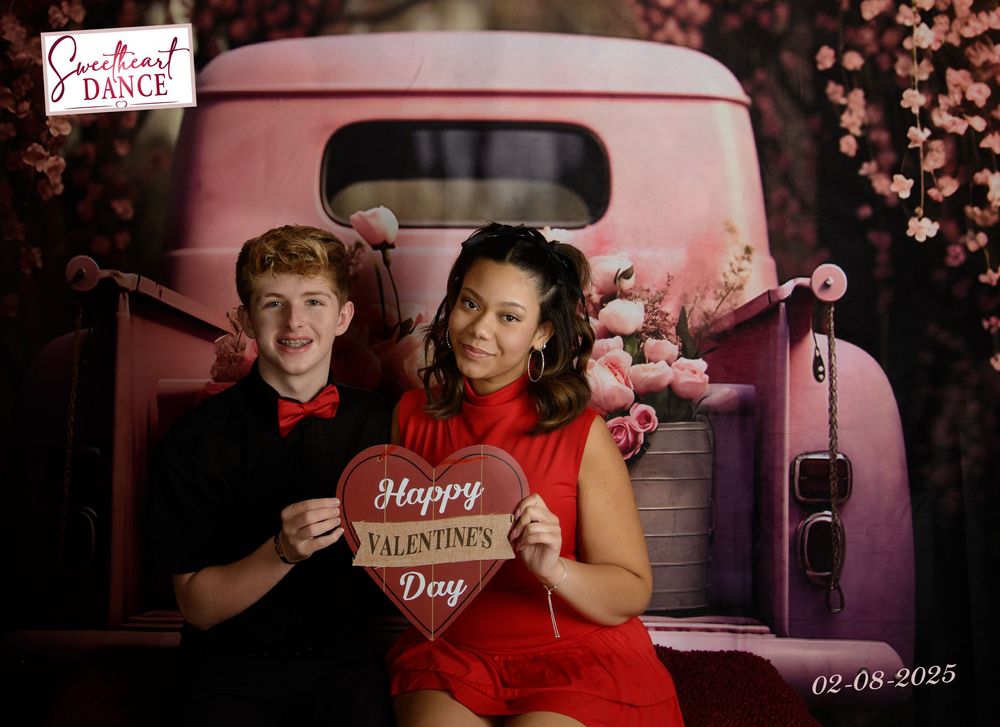 A series of Valentine's Day themed photos with people posing on a pink couch with heart decorations and romantic lighting.