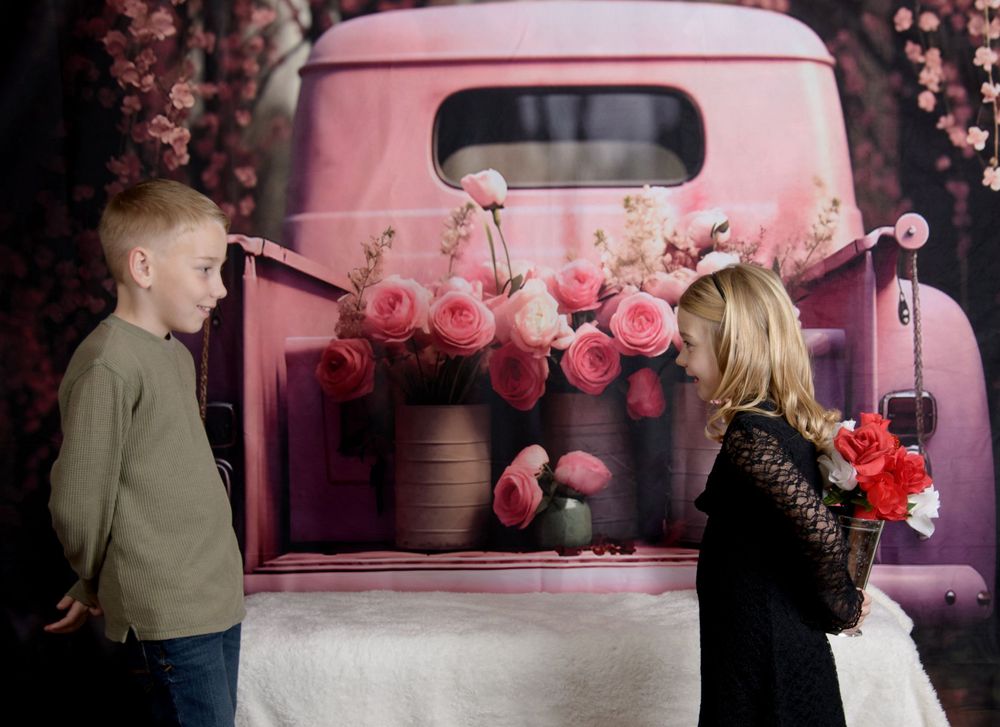 A series of romantic pink and rose-themed photo booth style images arranged in a filmstrip layout.