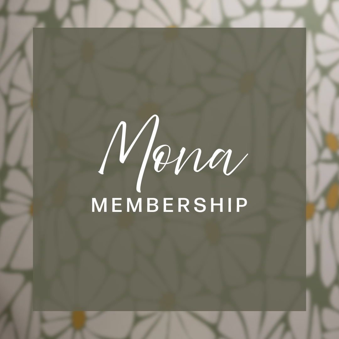 Elegant script typography with membership text on olive green backdrop.