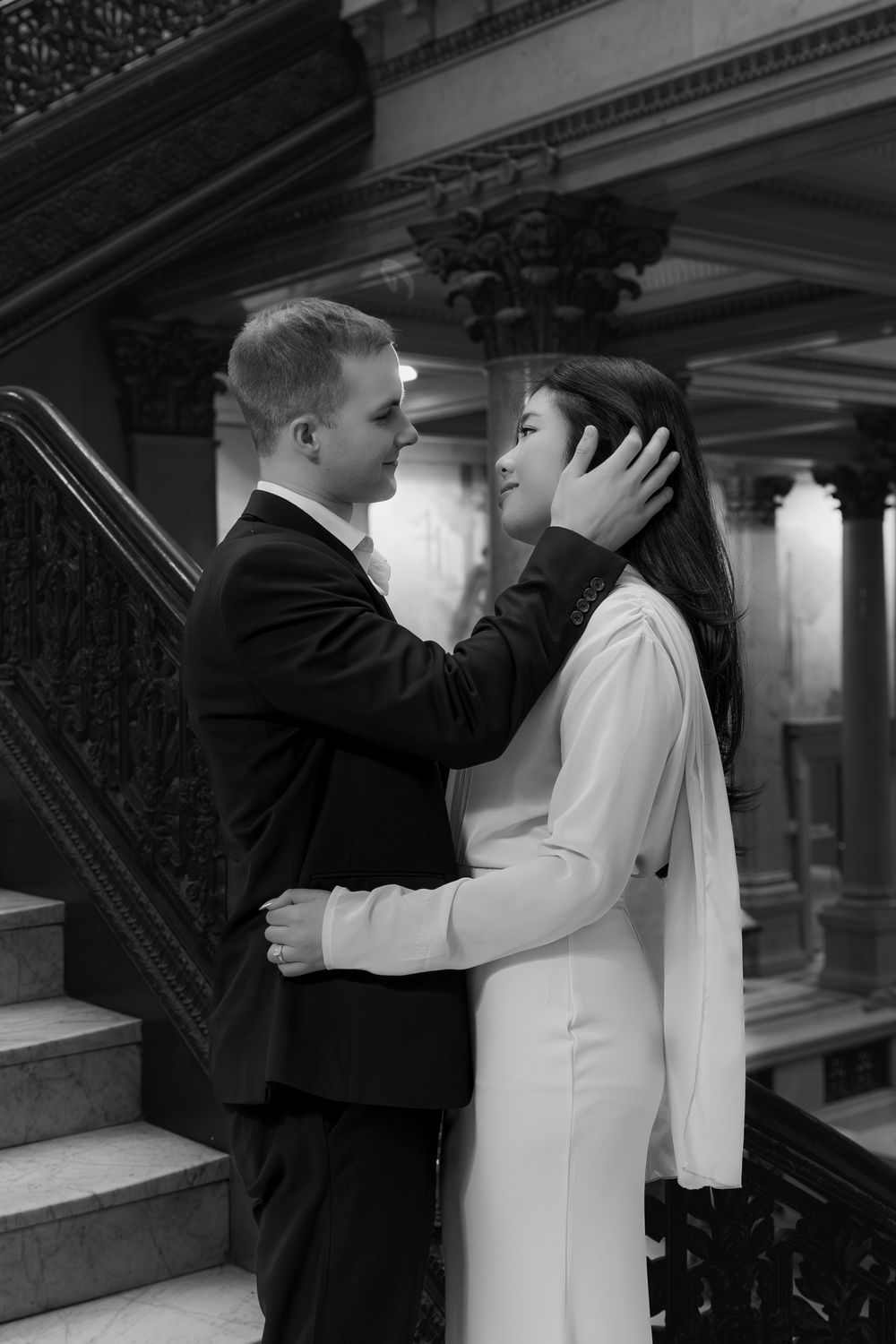 A black and white photo sequence shows a romantic wedding moment with the couple embracing in an elegant indoor setting.