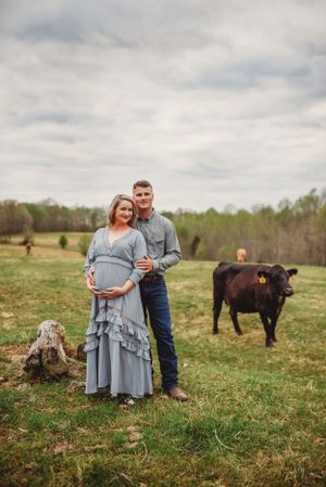 Couple poses in field with grazing cattle, wearing blue dress and casual attire.