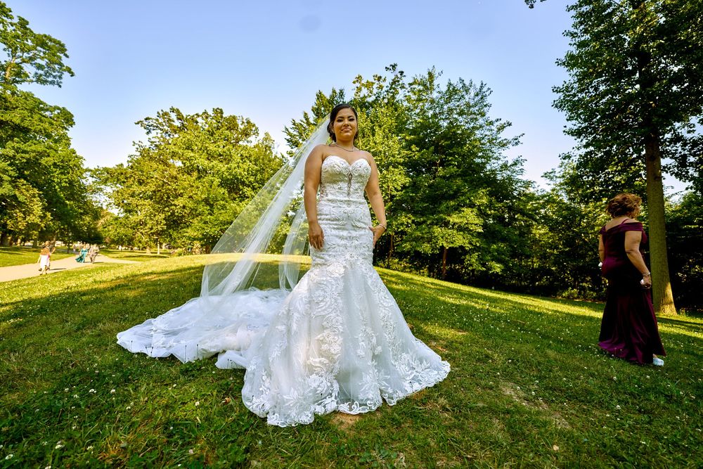 Stunning lace mermaid wedding dress showcased on a grassy hill during golden hour with flowing veil.