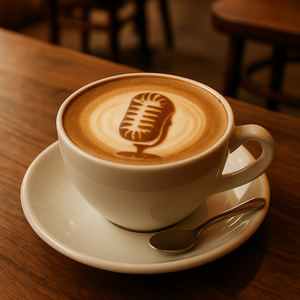 Latte art showing a retro microphone design created in coffee foam on a white cup and saucer on wooden table.