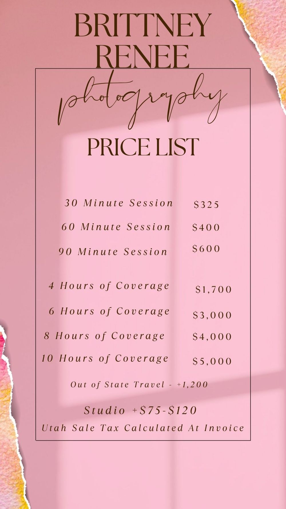 Pink photography price list showing session packages ranging from 30 minutes to 10 hours with prices from $325 to $5,000.