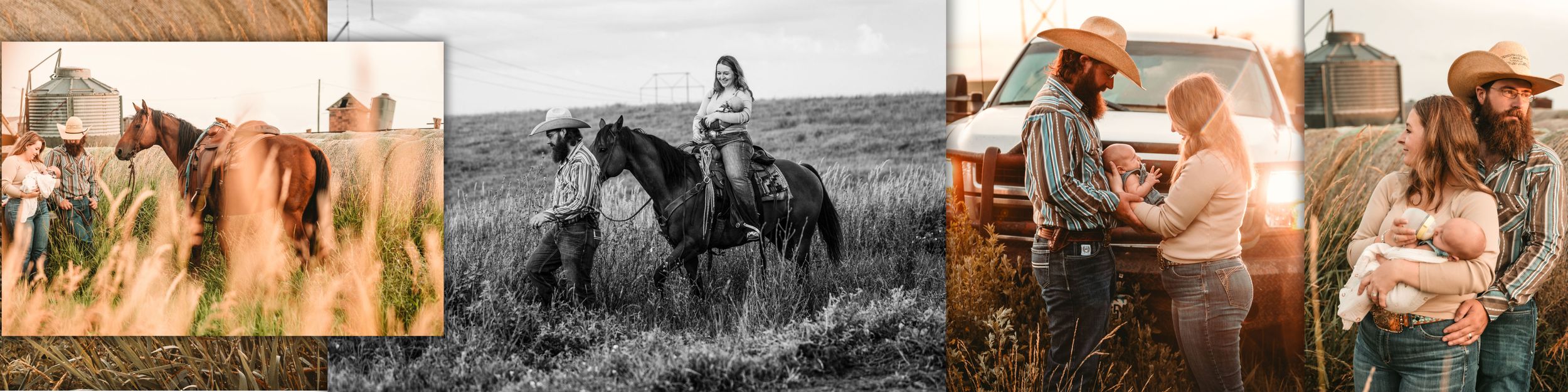 A collage of western ranching scenes showing horseback riding and cowboys working in fields with warm sunset lighting.