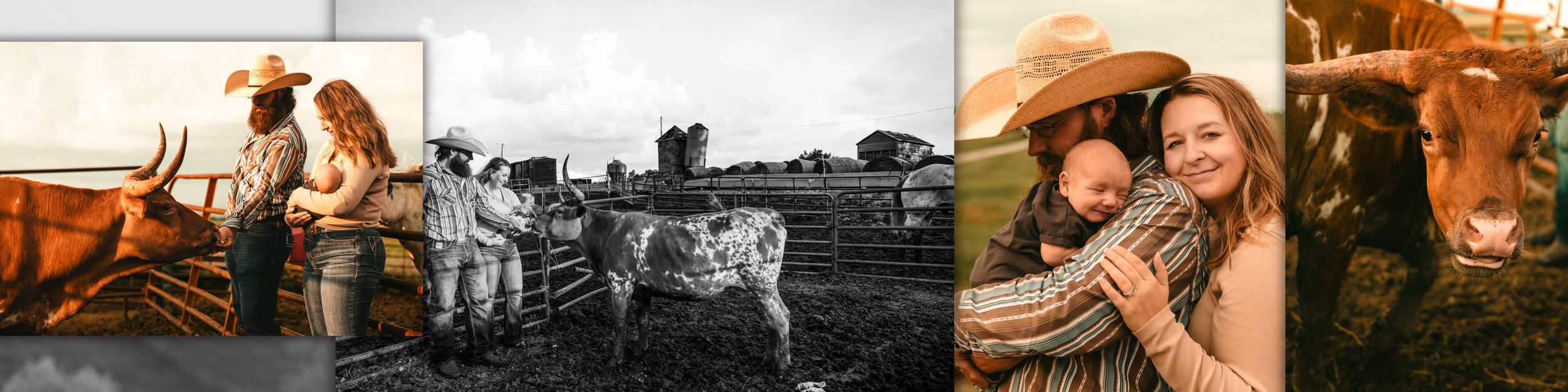 A collection of four sepia and warm-toned photos showing couples embracing in rustic outdoor settings.
