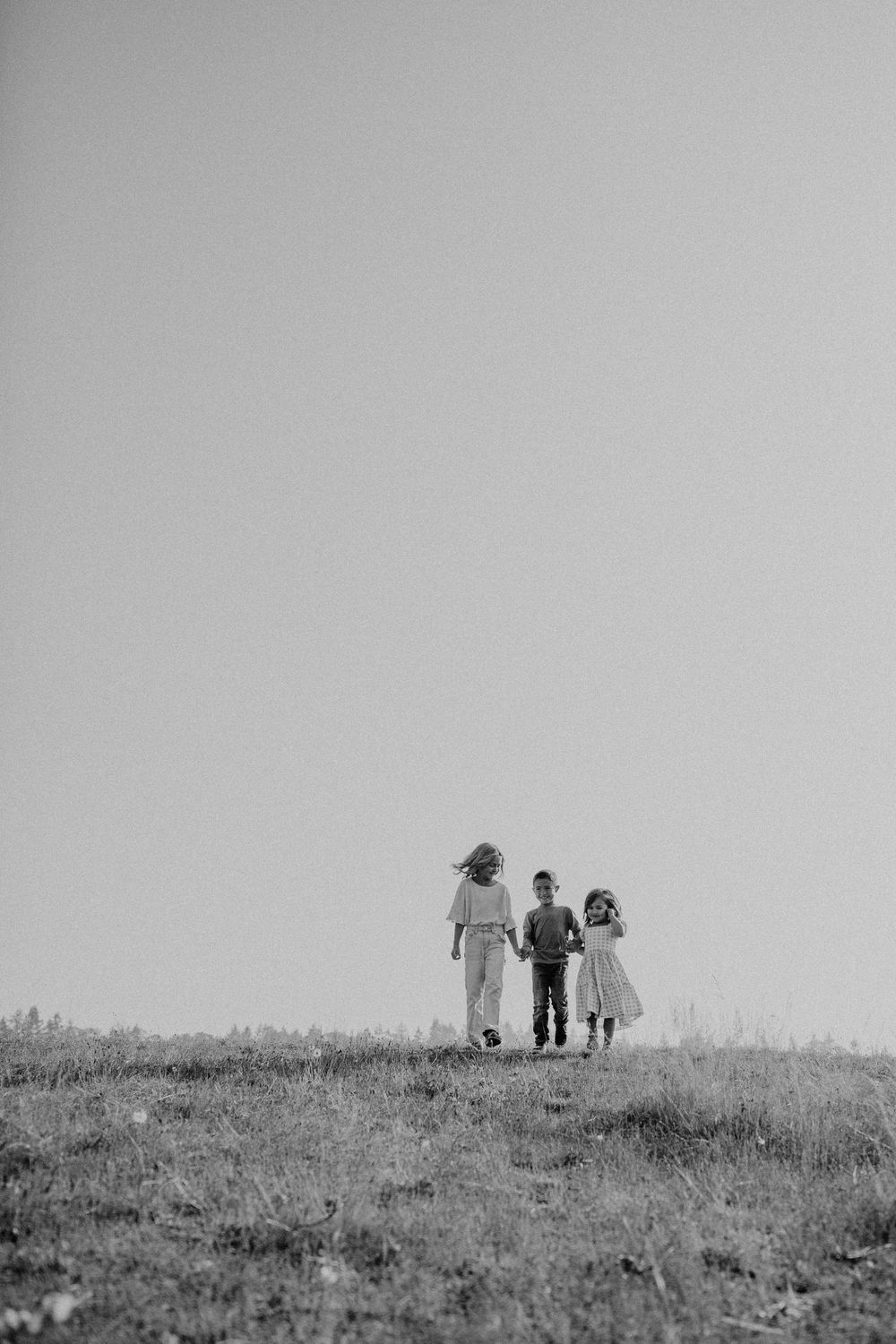 A group of silhouetted figures walk along a grassy hilltop horizon in a black and white nature scene.