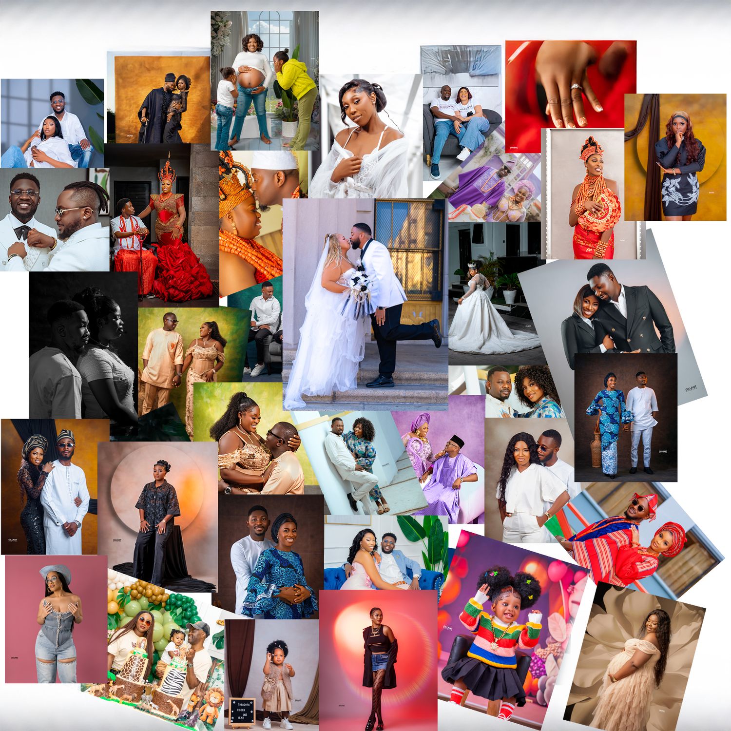 Collage of various romantic and wedding photography shots arranged in grid format.
