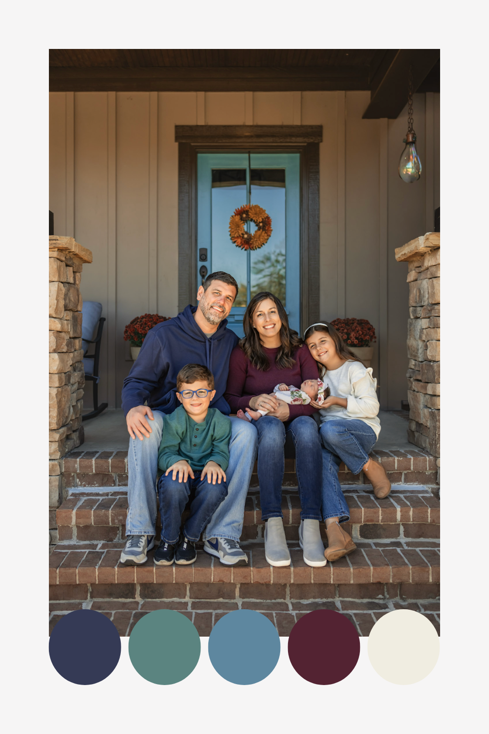 Color palette of navy, teal, light blue, burgundy and cream colors inspired by a front porch family photo.