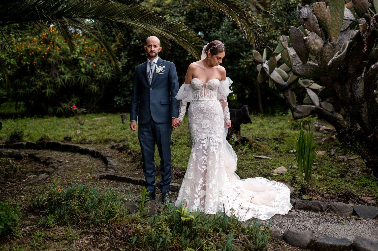 Wedding portraits taken under sprawling tree branches in a natural outdoor setting.