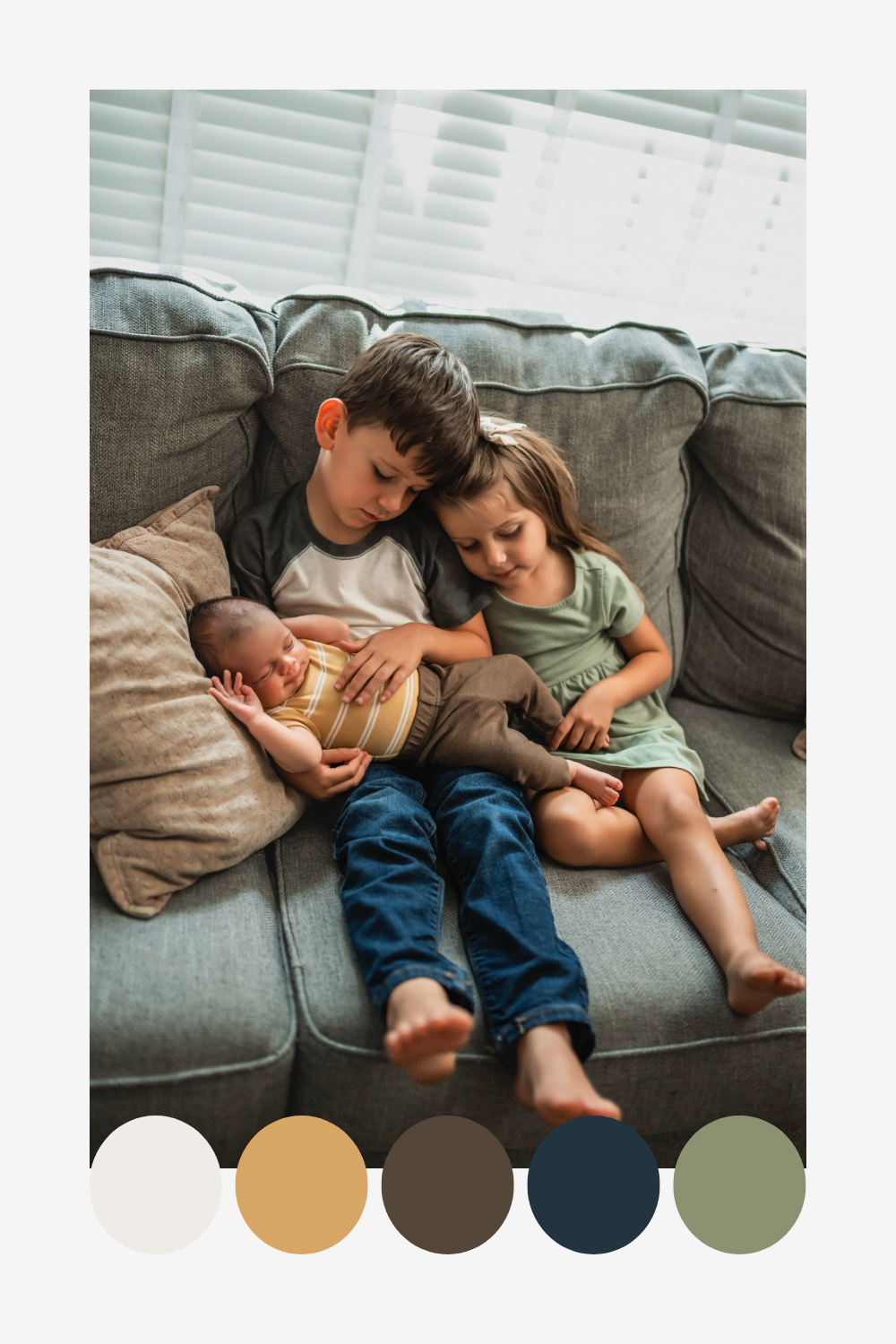 Children relaxing together on a gray couch with neutral color palette shown at bottom of warm toned lifestyle photo.