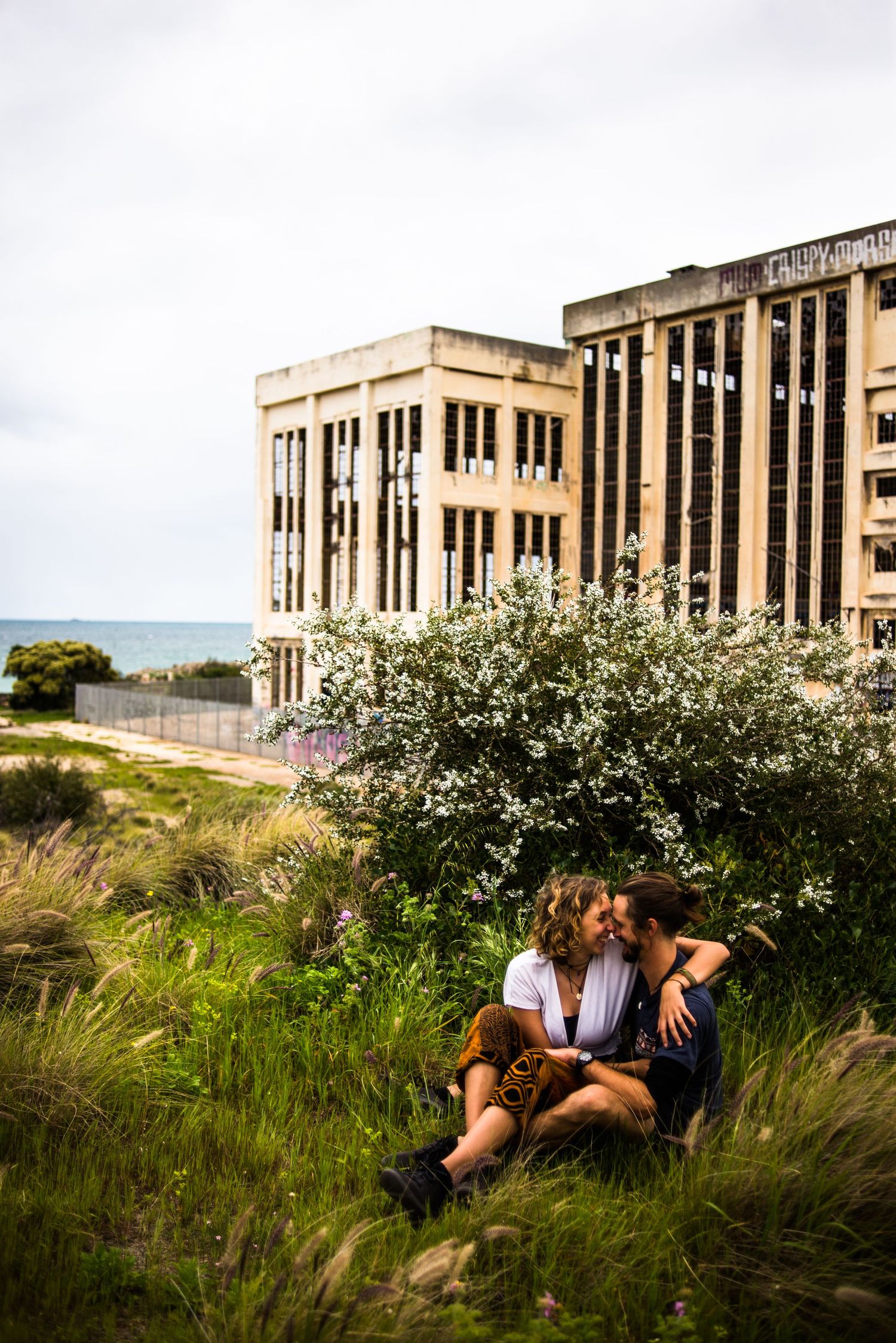 A romantic scene among tall grass with an abandoned industrial building and ocean visible in the background.