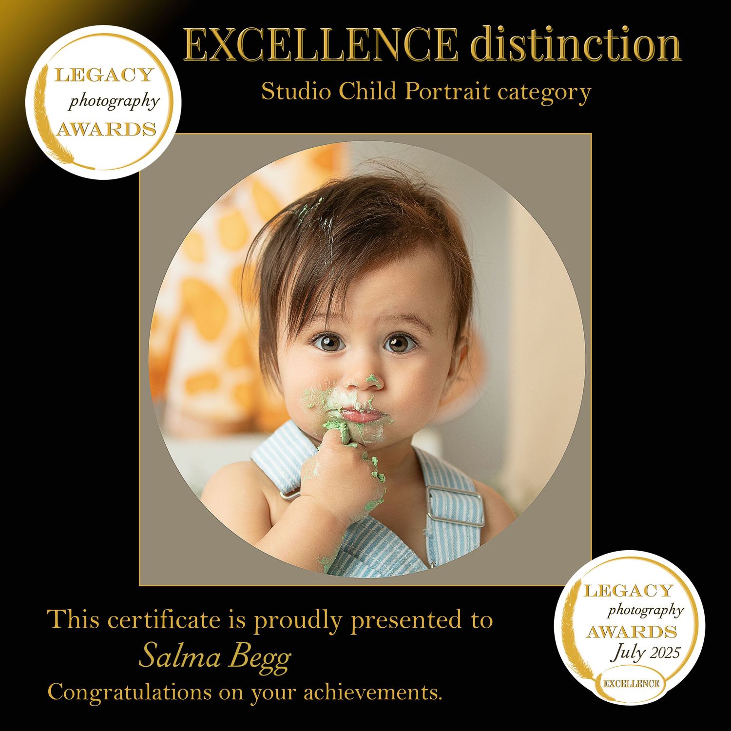 Photography award certificates display excellence and recognition in the studio child portrait category. baby cake smash, cute