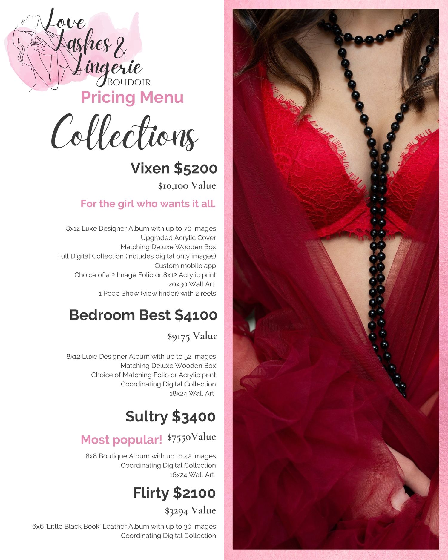 A boudoir photography pricing menu showing collections and packages next to a model wearing red lingerie with a black necklace.
