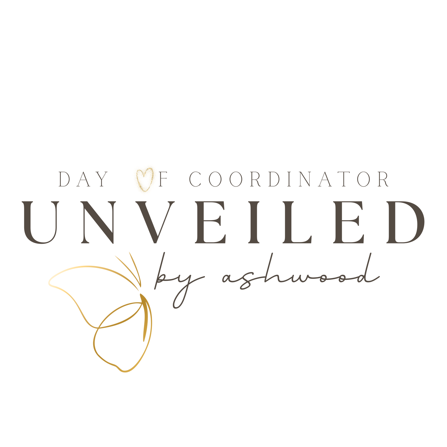 Stylish text logo design with 'Day of Coordinator Unveiled by Ashwood' in elegant gold and dark typography.