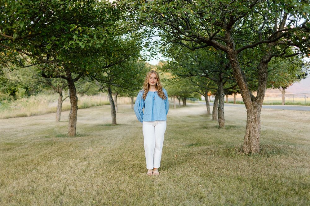Distant figure walking through green orchard with trees in symmetrical rows.