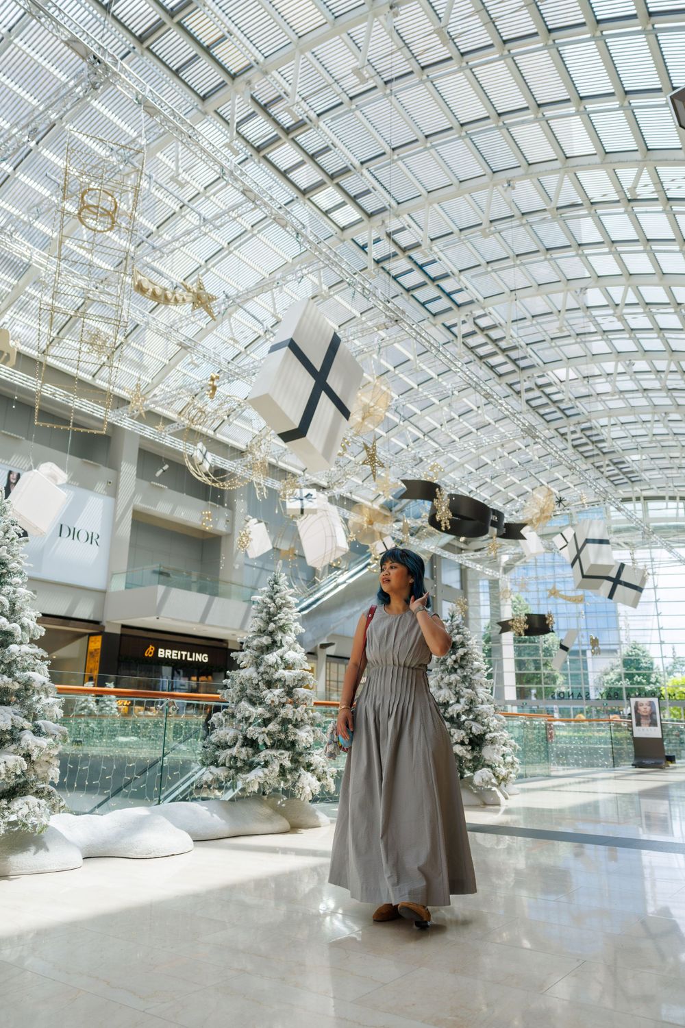 Fashion photo in mall atrium with snow-dusted Christmas trees and geometric glass ceiling.