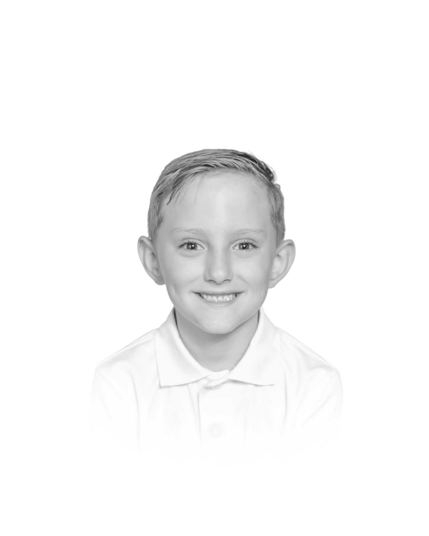 Black and white portrait series with clean white background and gentle smiles.