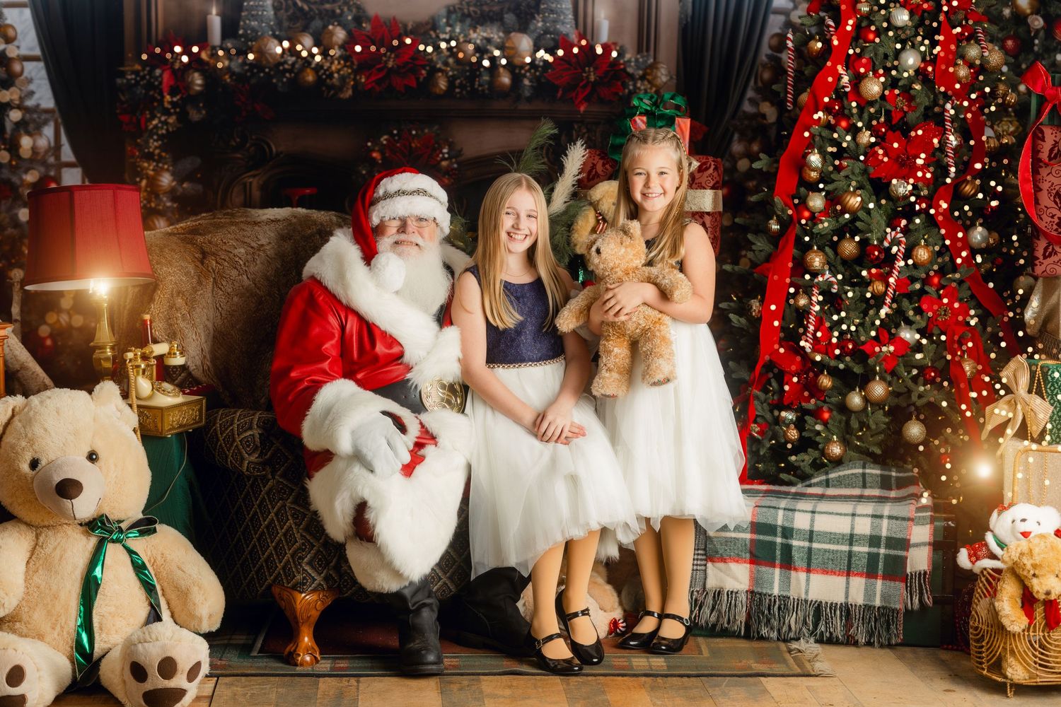 Festive Christmas scene with holiday decorations and traditional Santa visit setting.