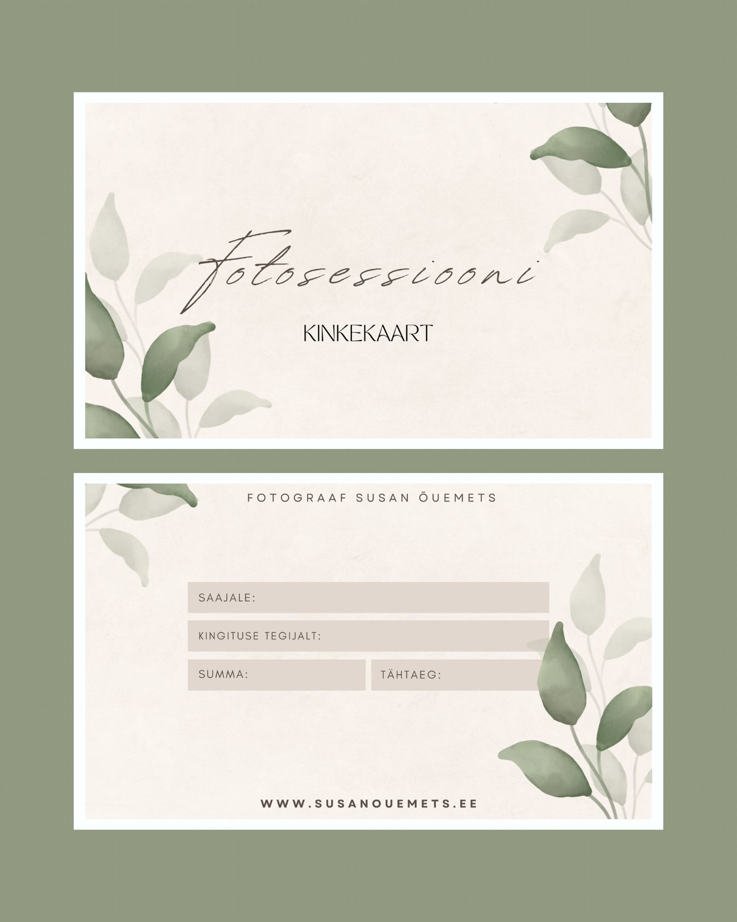 Elegant minimalist business card design with soft green botanical leaves and calligraphy text on cream background.