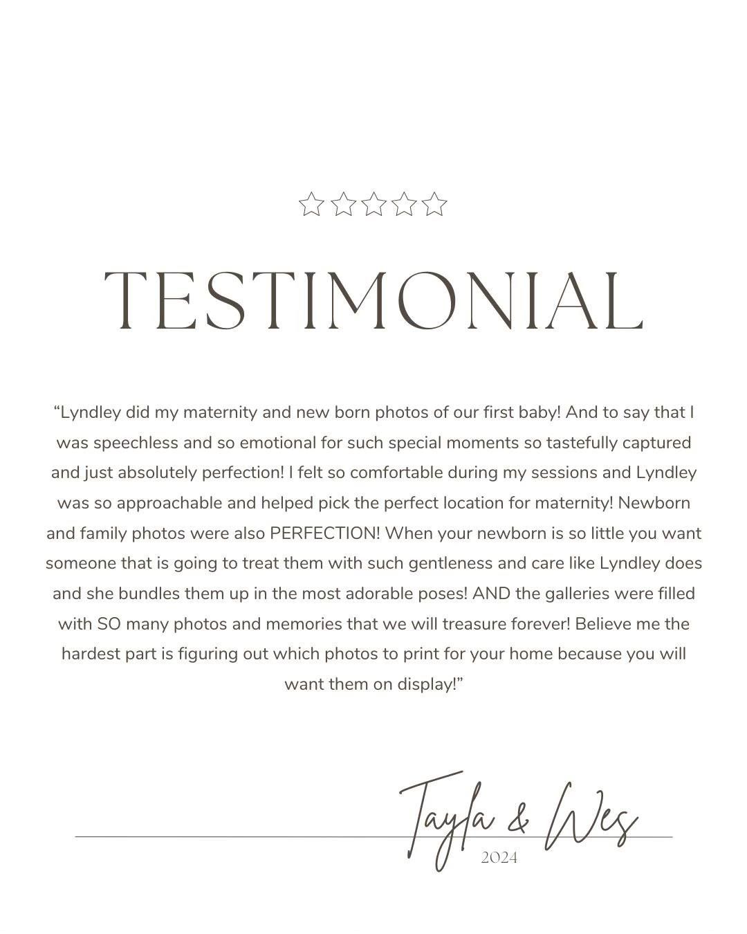 Print testimonial in elegant typography showcasing positive client review about maternity and newborn photography services.