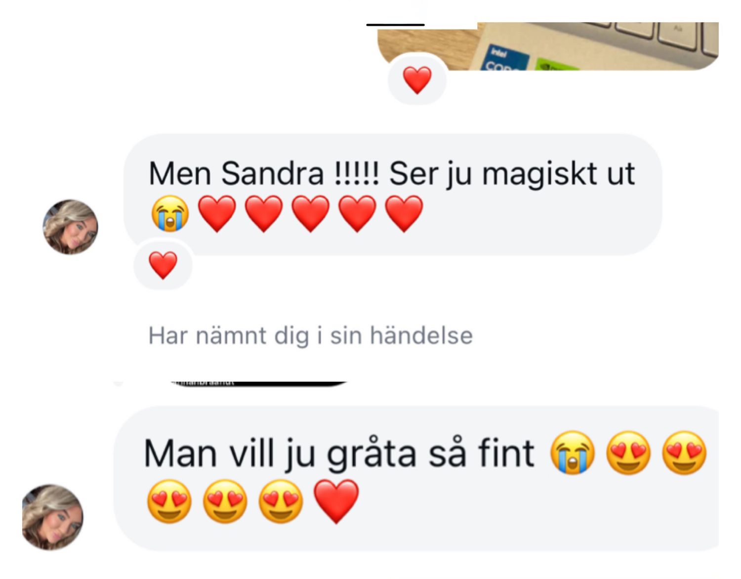 Skärmdump av fint omdöme från en kund som tyckte att hennes bilder blev magiska. Från chatten på Instagram.