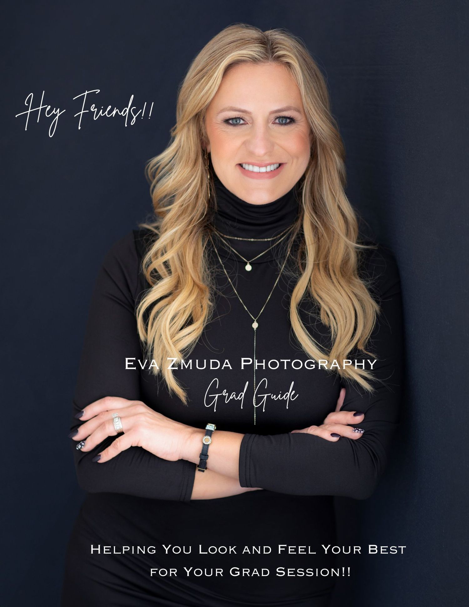 Professional headshot style portrait against black background showing blonde hair and black turtleneck sweater.