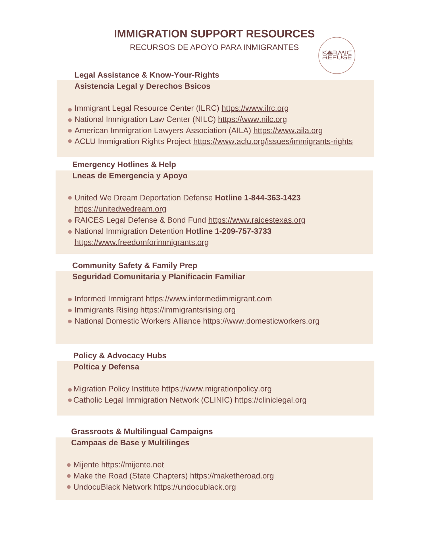 A resource list showing immigration support services and contact information in English and Spanish.