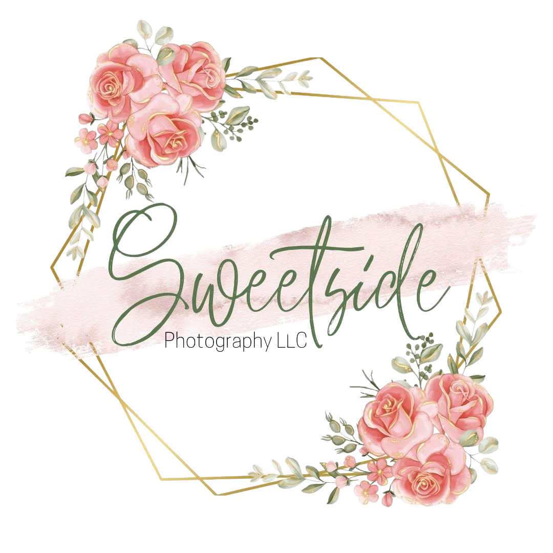 Elegant photography logo design with pink watercolor roses and gold geometric frame on white background.