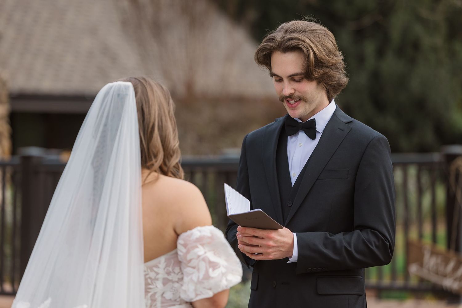 Wedding ceremony moments captured in a series of candid outdoor photographs.