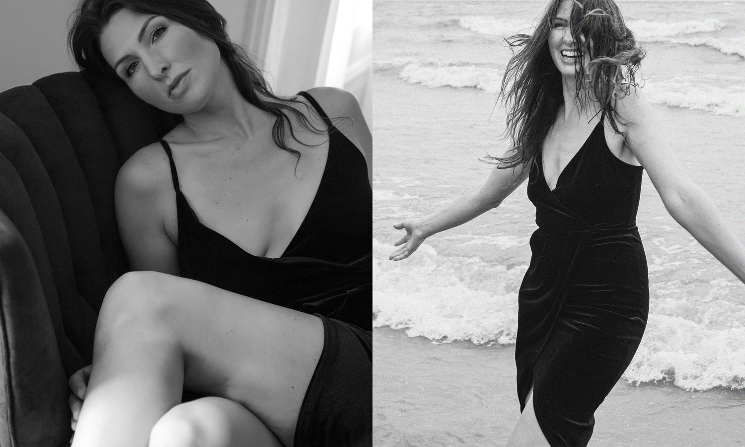 A series of artistic black and white portrait photographs showing graceful movement and poses in beachwear.