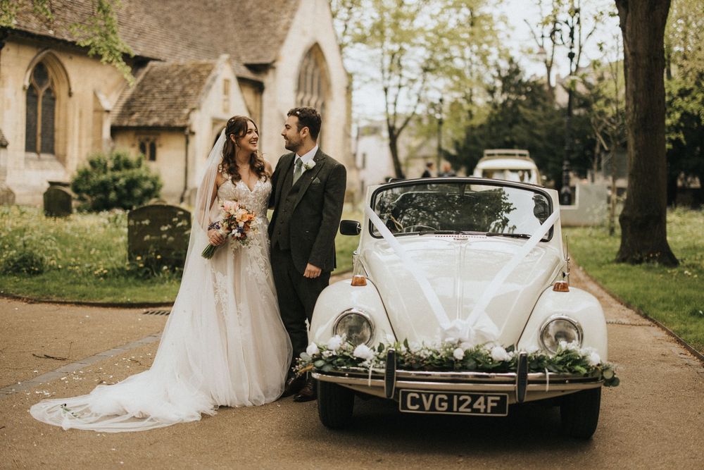 A romantic wedding photo collage featuring couples in elegant attire, a classic car, and church venue settings in soft sunlight.