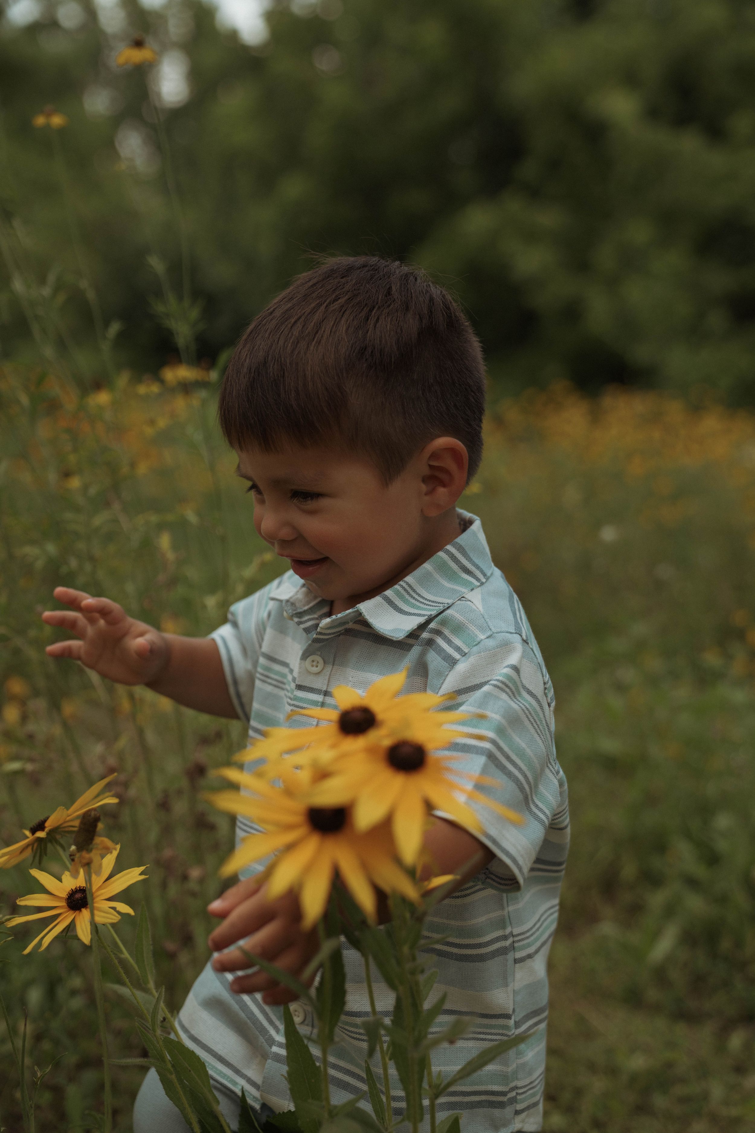 A child explores bright yellow flowers in a garden setting.