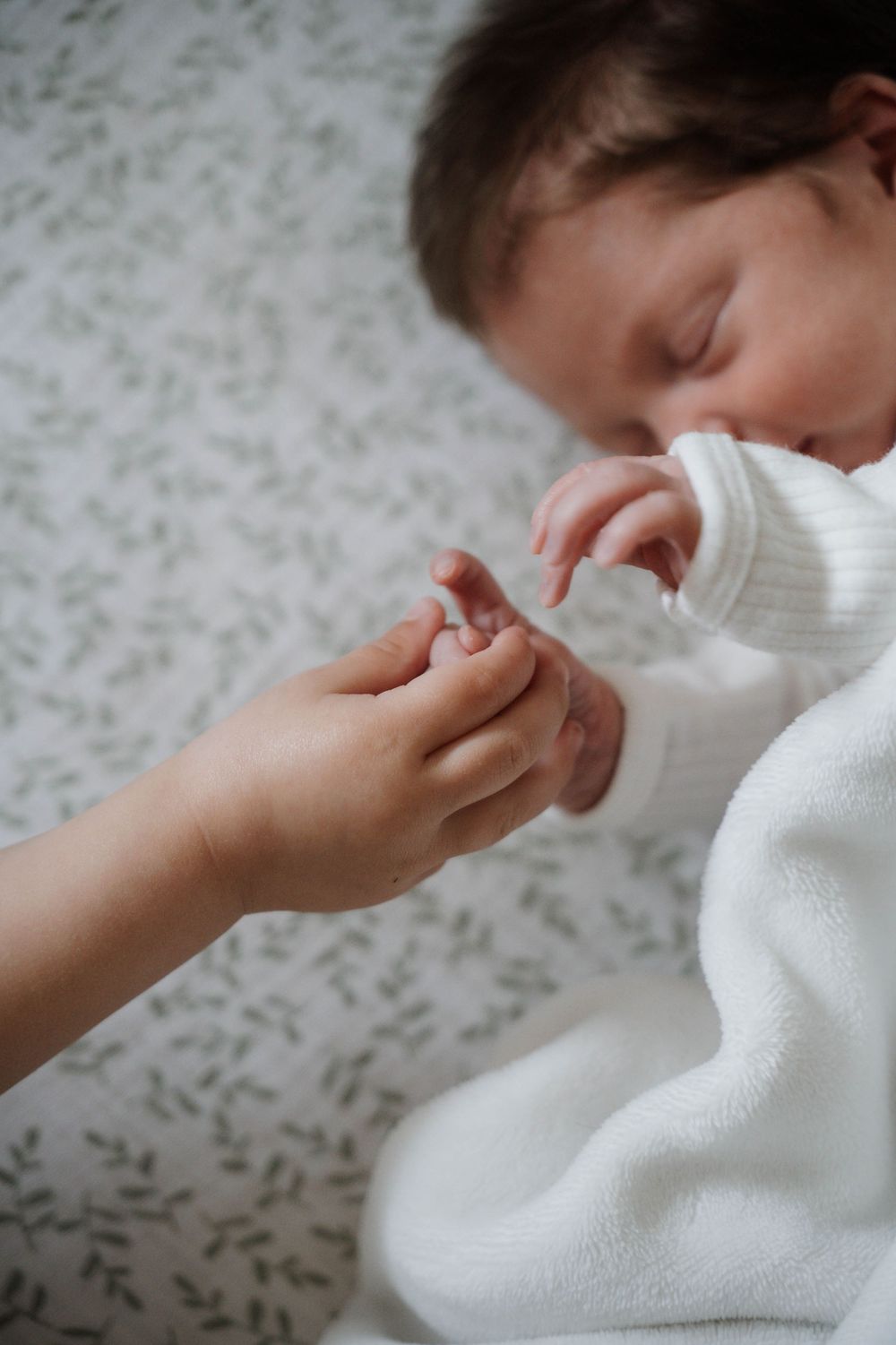 Gentle hand holding small infant's hand against white textured background.