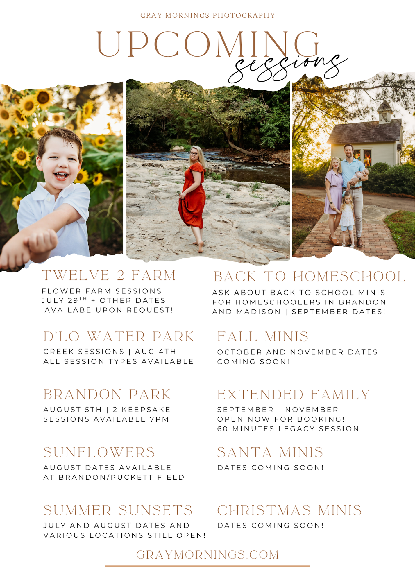 A photography services announcement featuring image collage and text listing upcoming seasonal mini photo sessions.