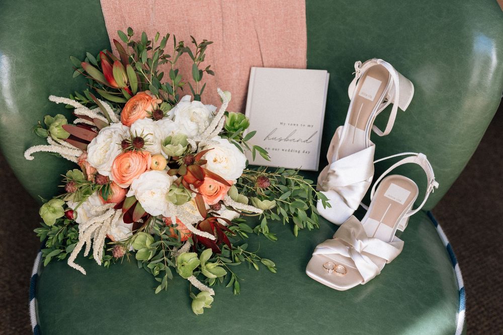 Bridal shoes and bouquet at the Palihouse Hotel in santa Barbara