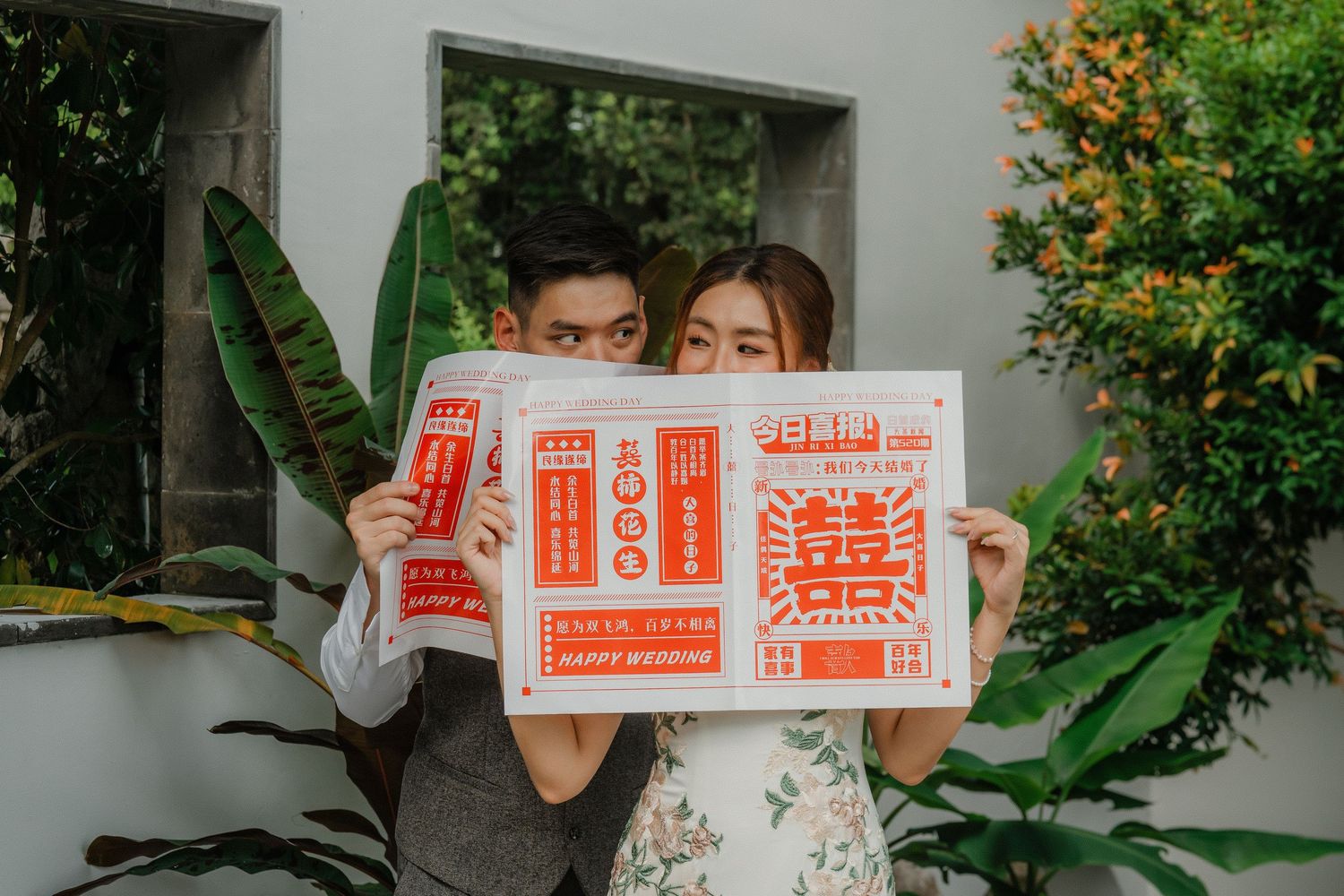 A collage of six photos showing a pair posing behind various retro-style wedding and engagement announcement cards.