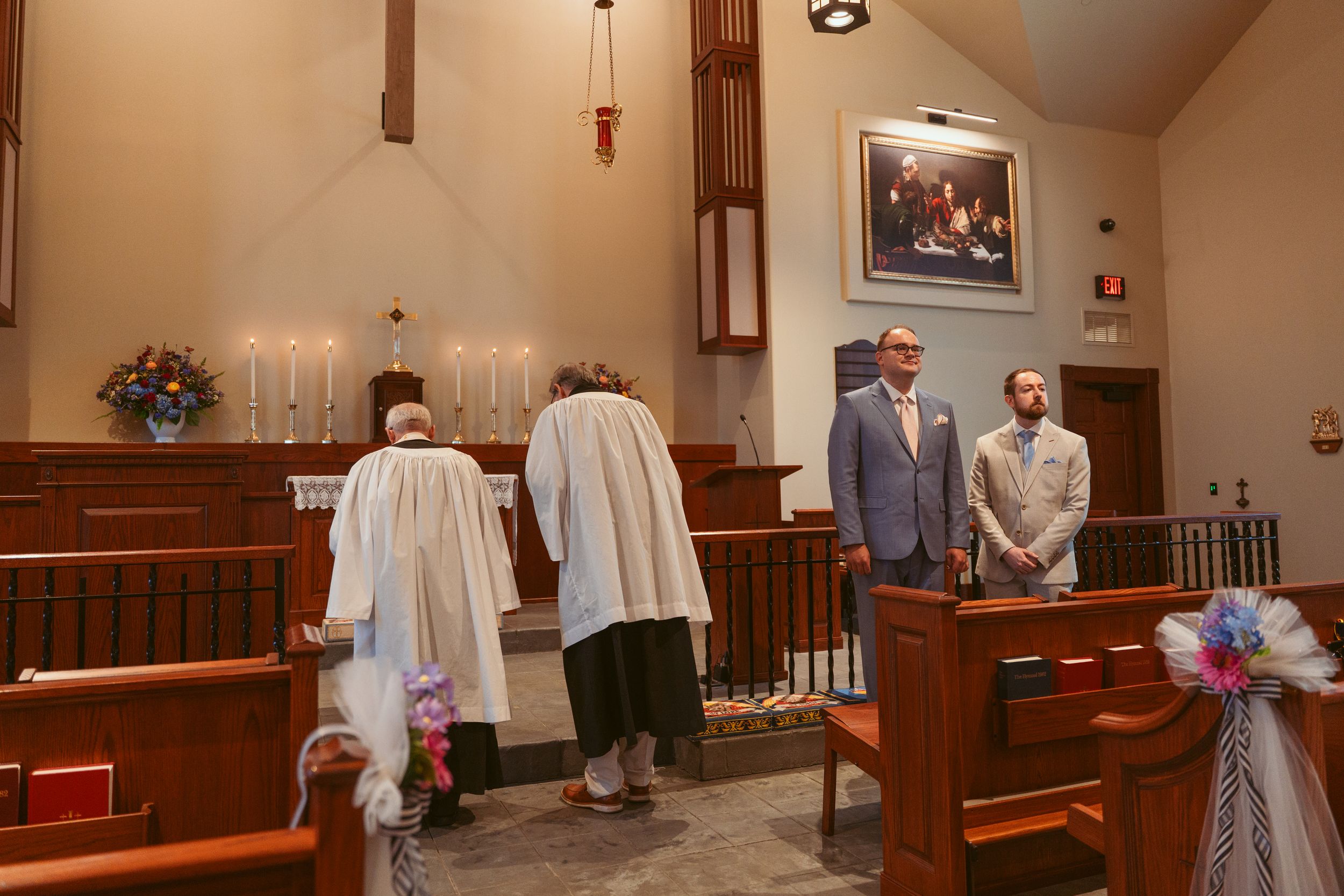 Candid sequence of a church wedding ceremony showing the couple and officiant at the altar throughout different moments.