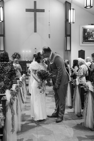 Sequence of black and white church wedding ceremony photos showing the couple exchanging vows at the altar.