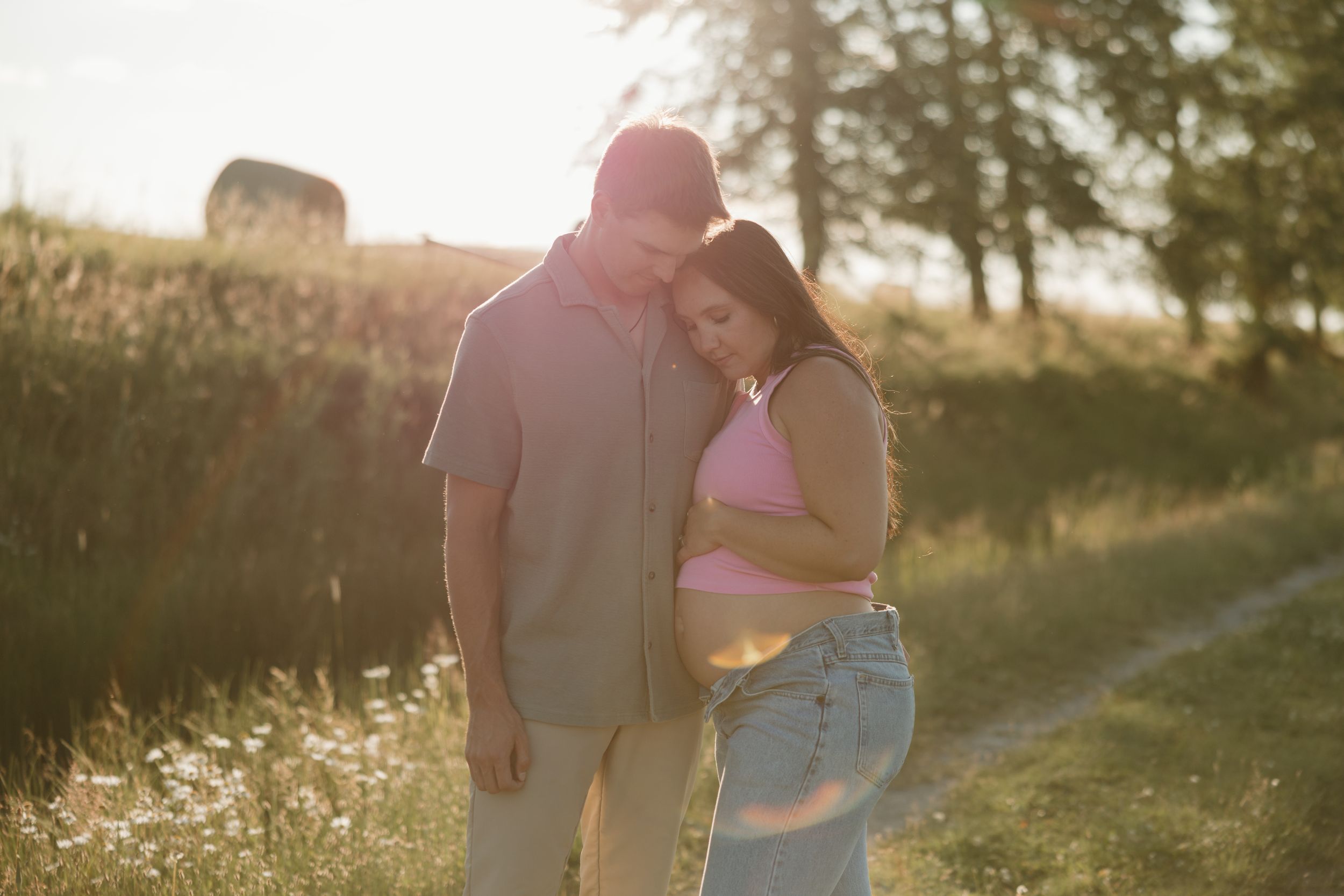 A couple shares an intimate moment at sunset in a golden field with trees in the background.
