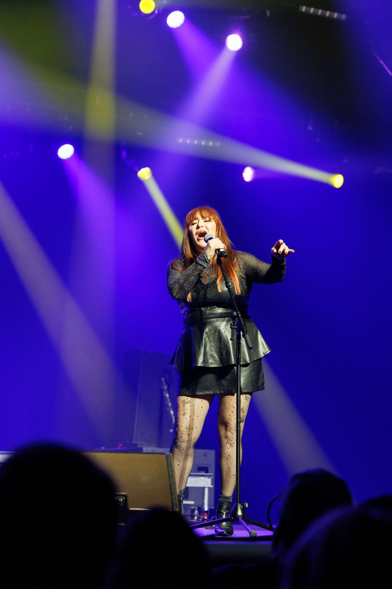 A performer in a black dress sings on stage with dramatic purple and yellow spotlights illuminating the concert venue.