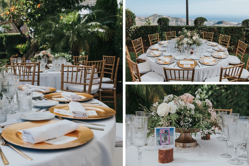 Elegant outdoor wedding reception tables set with gold charger plates and mahogany chiavari chairs in a garden setting.