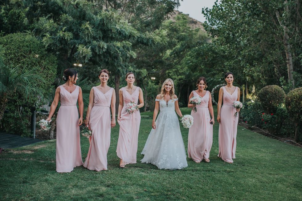 Wedding party in pale pink bridesmaid dresses and white bridal gown pose together on green lawn surrounded by trees.