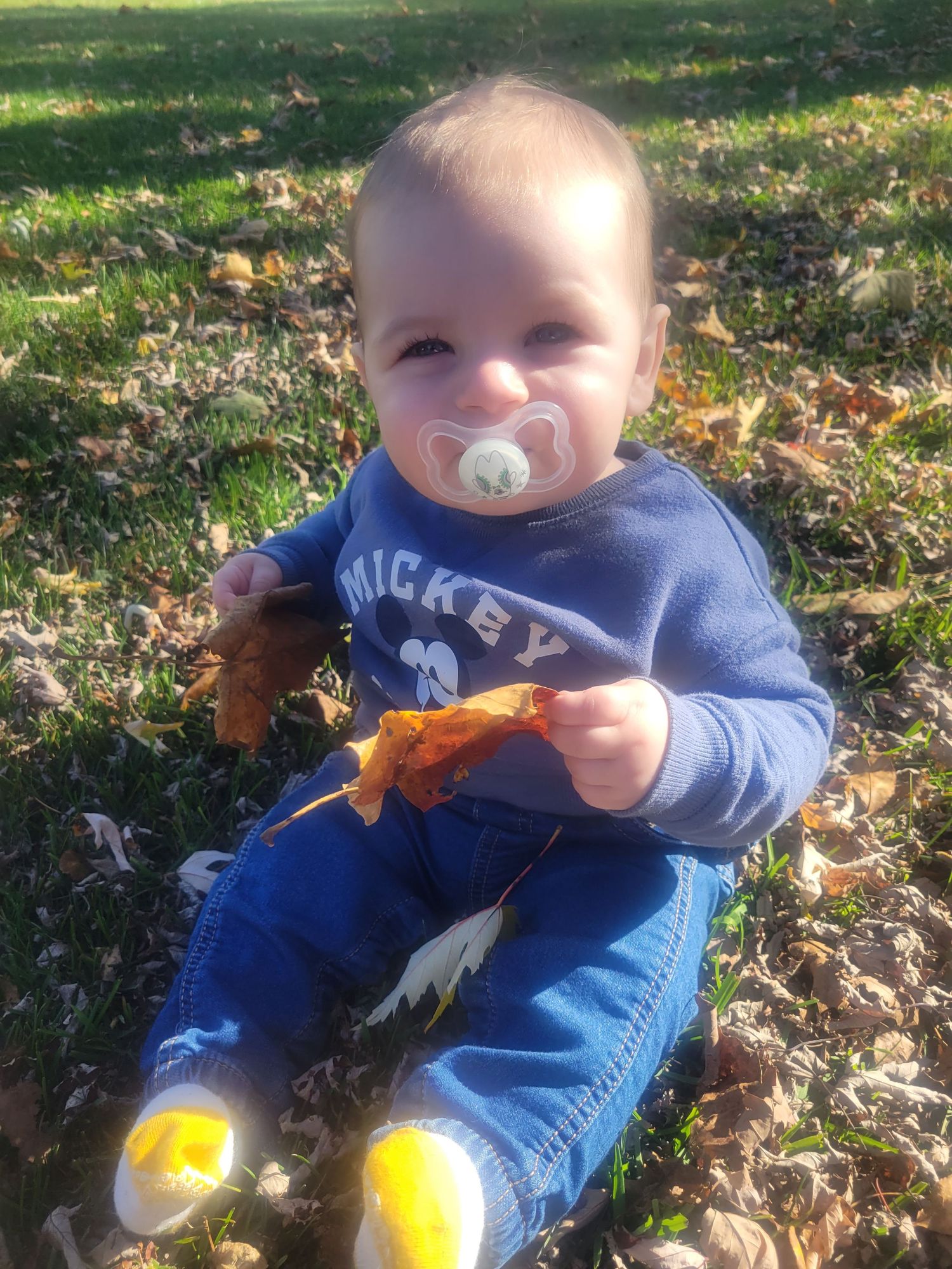 Baby wearing a Mickey Mouse shirt plays with autumn leaves while lying on grass.