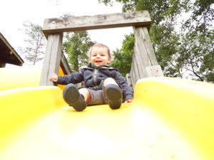 A series of photos showing a yellow playground slide from different angles.